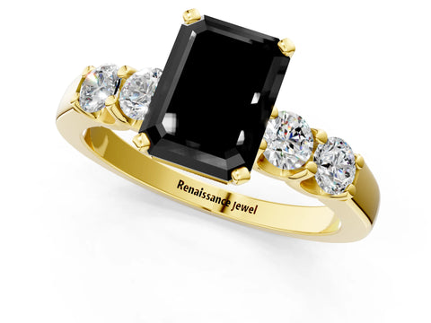 Yellow gold Fancy Black Emerald Cut Brilliant Diamond Five-Stone Engagement Ring with Prong Setting on a Classic Band_4