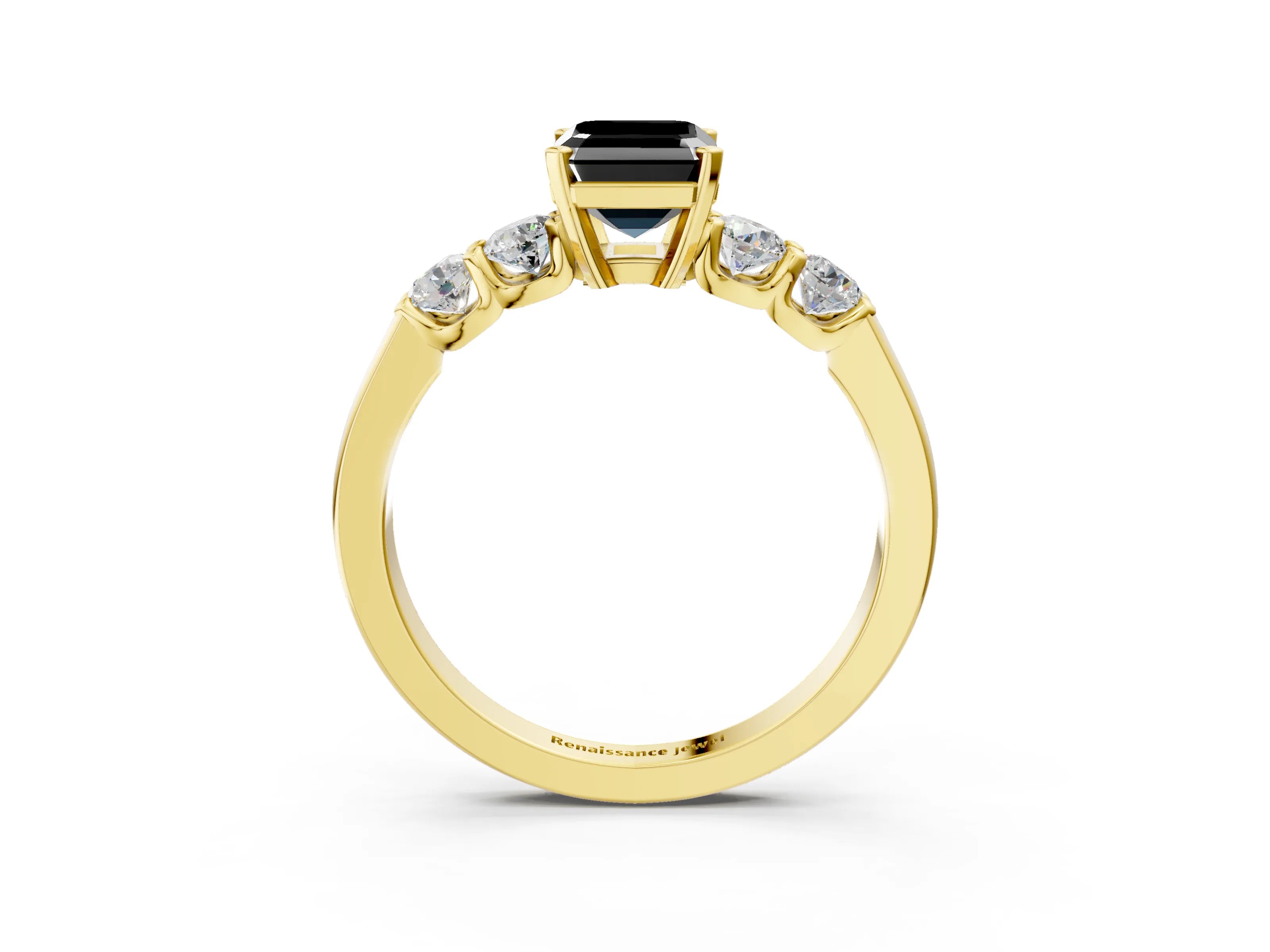 Yellow gold Fancy Black Emerald Cut Brilliant Diamond Five-Stone Engagement Ring with Prong Setting on a Classic Band_6
