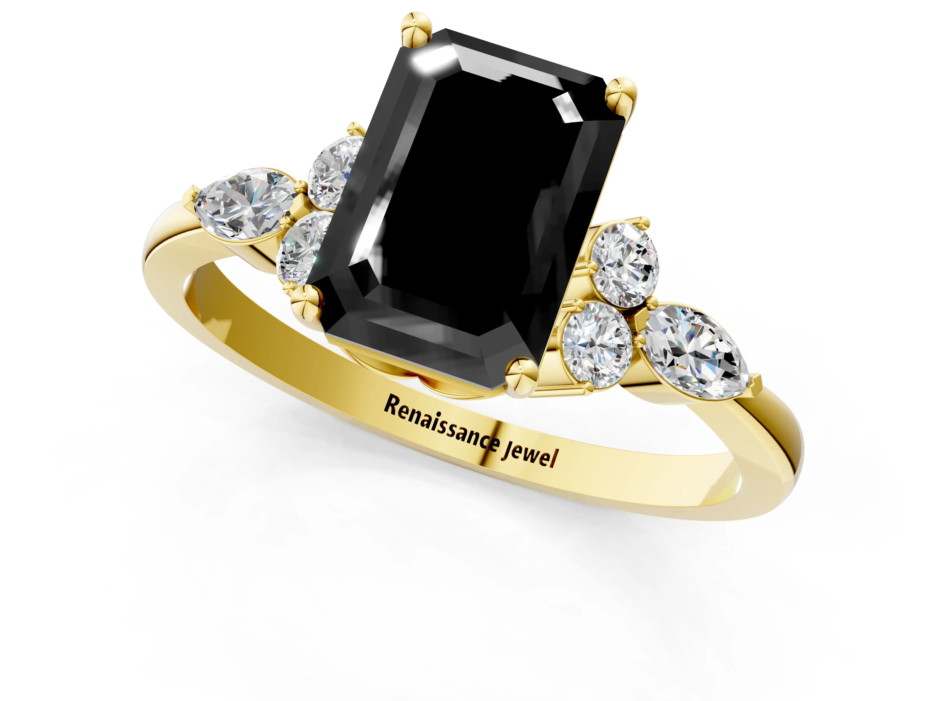 Yellow gold Fancy Black Emerald Cut Brilliant Diamond Solitaire Ring with Pear Side Stones and Four-Prong Setting_4