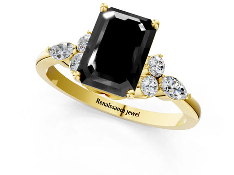Yellow gold Fancy Black Emerald Cut Brilliant Diamond Solitaire Ring with Pear Side Stones and Four-Prong Setting_4