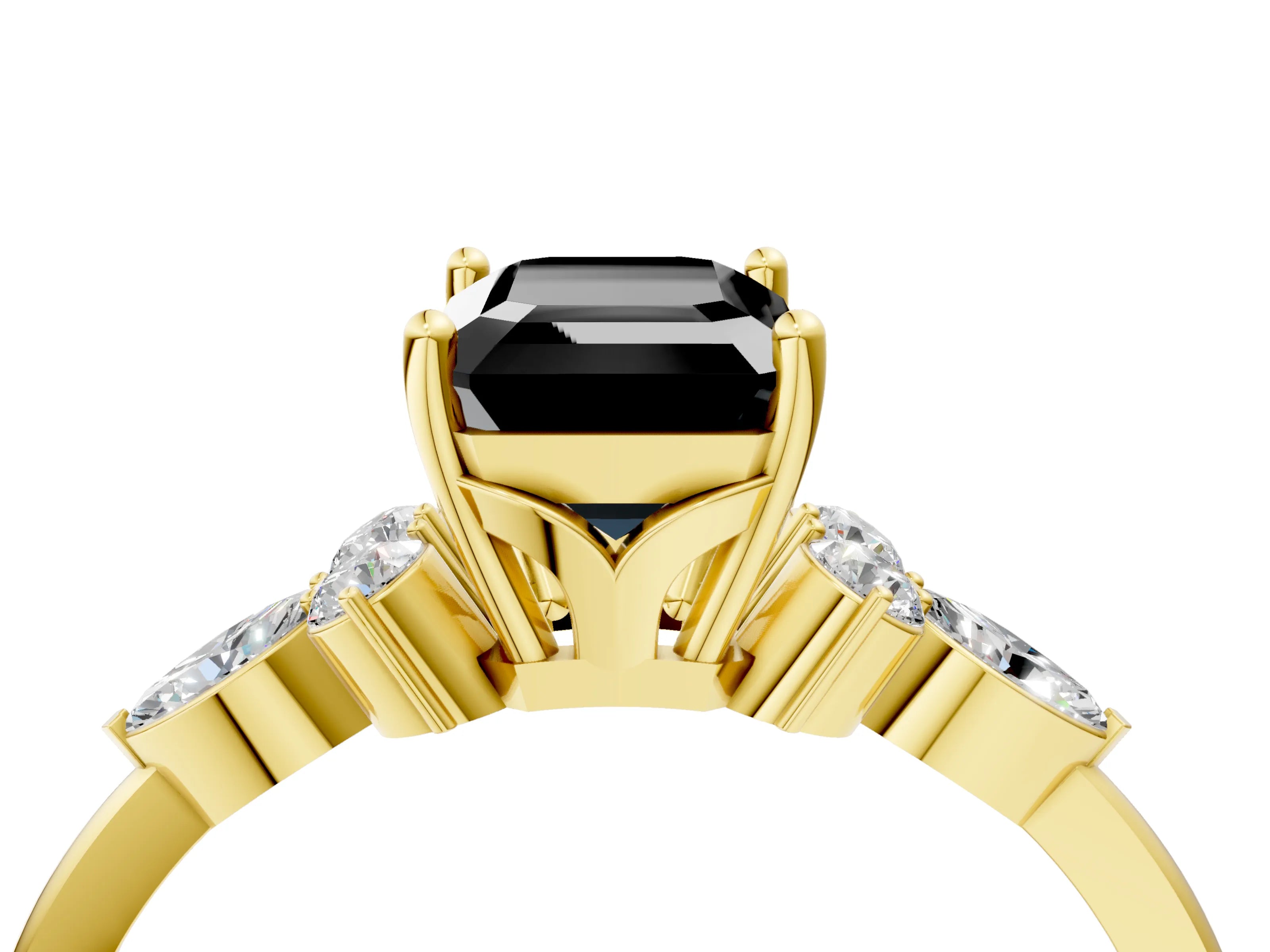 Yellow gold Fancy Black Emerald Cut Brilliant Diamond Solitaire Ring with Pear Side Stones and Four-Prong Setting_7