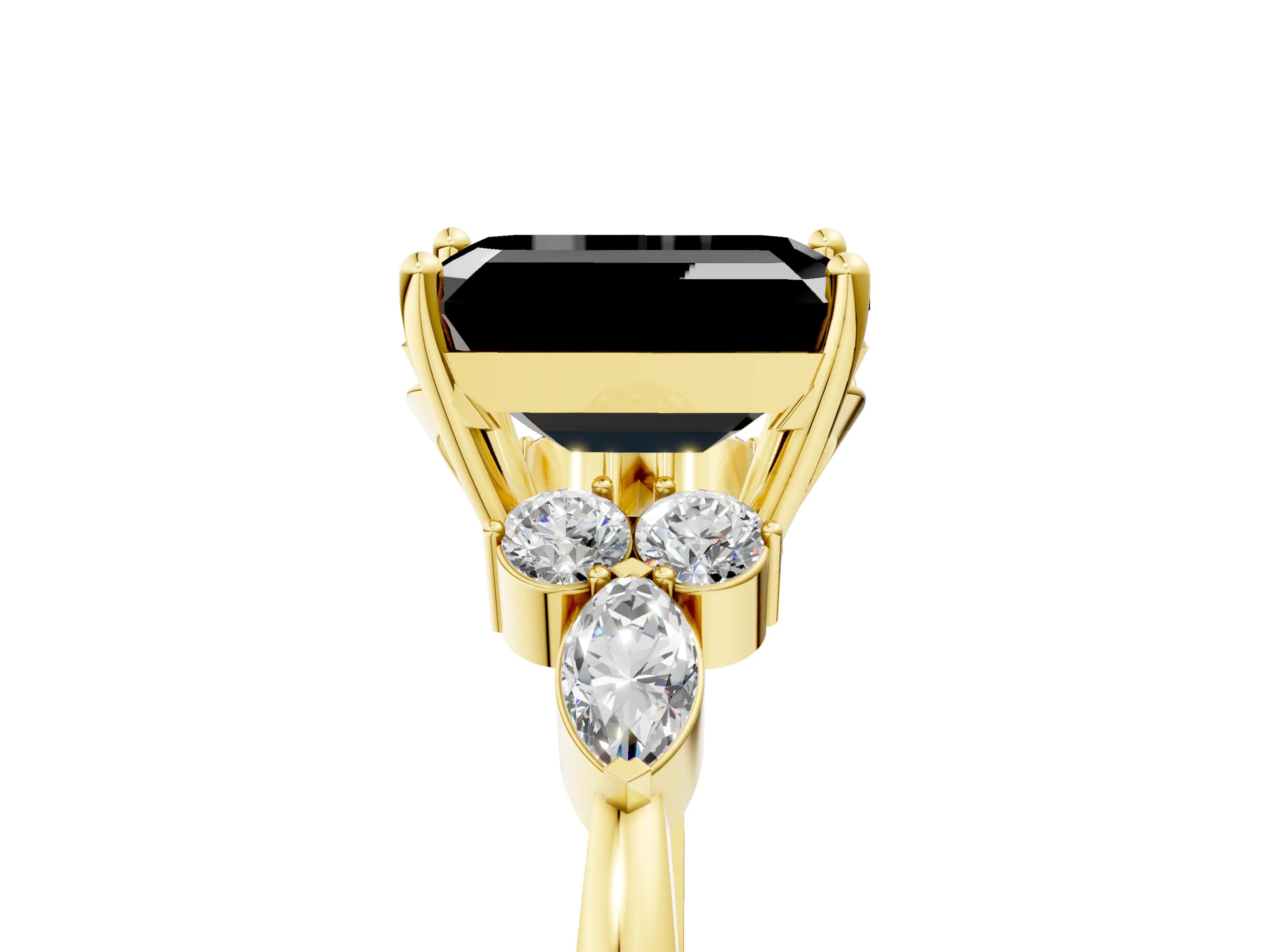 Yellow gold Fancy Black Emerald Cut Brilliant Diamond Solitaire Ring with Pear Side Stones and Four-Prong Setting_8