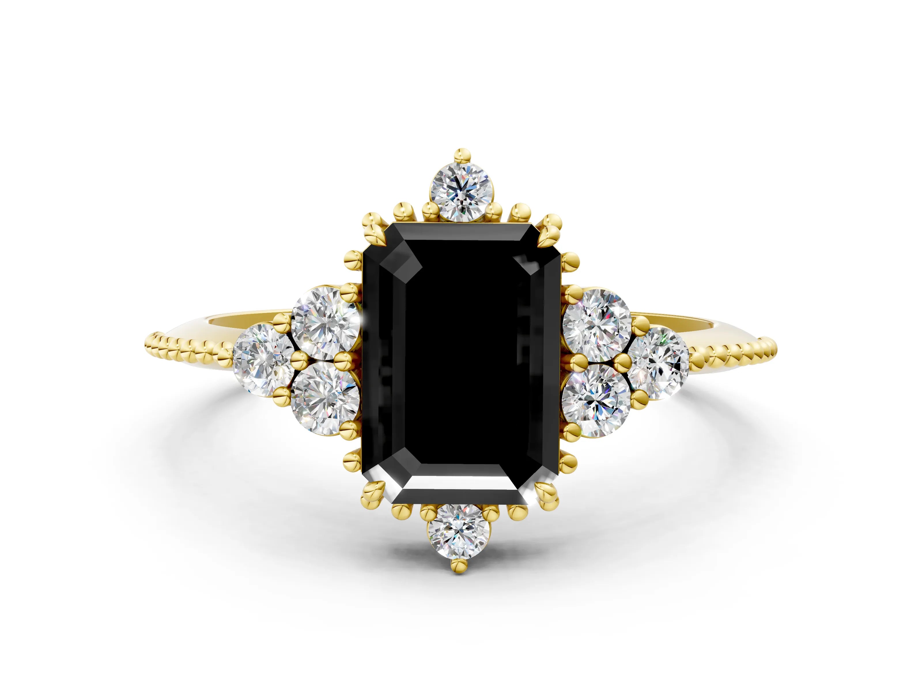 Yellow gold Fancy Black Emerald Cut Brilliant Diamond with Cluster Setting on a Beaded Band and Four-Prong Setting