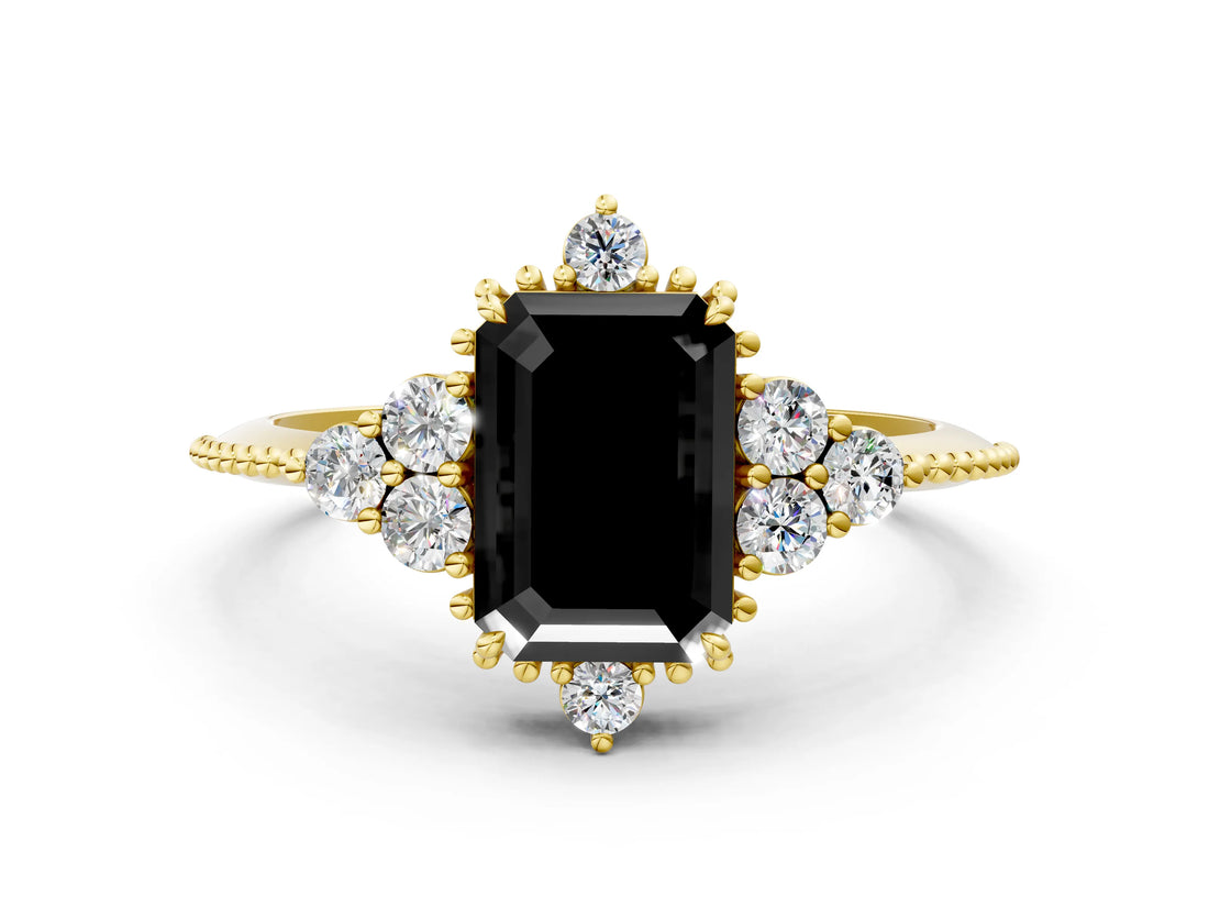 Yellow gold Fancy Black Emerald Cut Brilliant Diamond with Cluster Setting on a Beaded Band and Four-Prong Setting