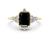 Yellow gold Fancy Black Emerald Cut Brilliant Diamond with Cluster Setting on a Beaded Band and Four-Prong Setting