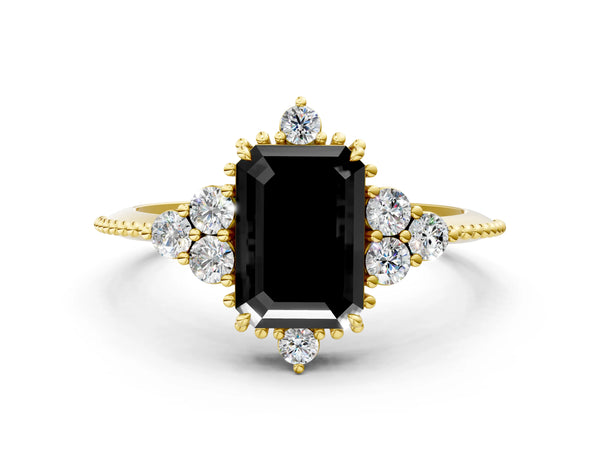 Yellow Gold Emerald Cut Vintage Cluster Engagement Ring Setting for Black Center with Beaded Band