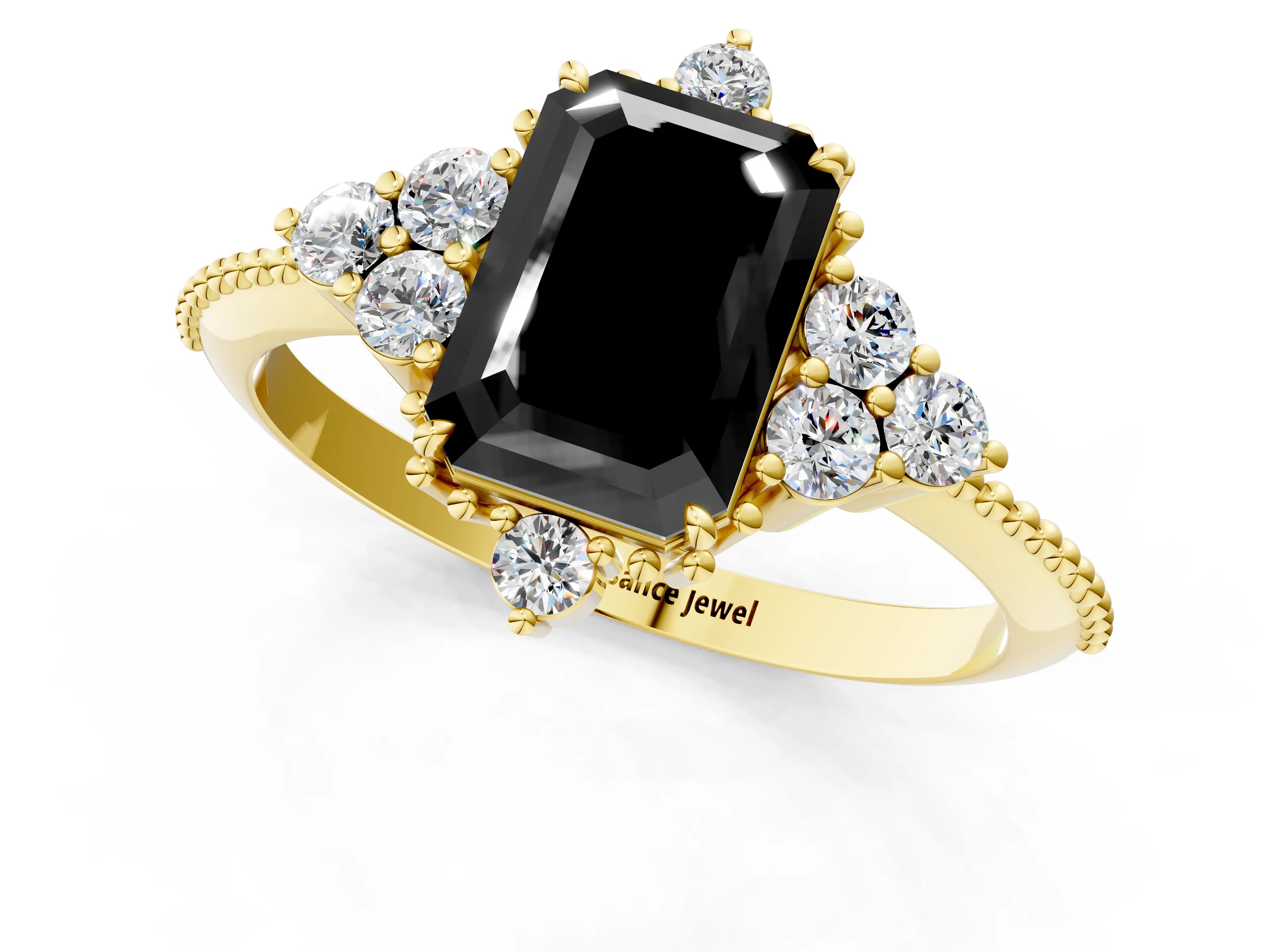 Yellow gold Fancy Black Emerald Cut Brilliant Diamond with Cluster Setting on a Beaded Band and Four-Prong Setting_1