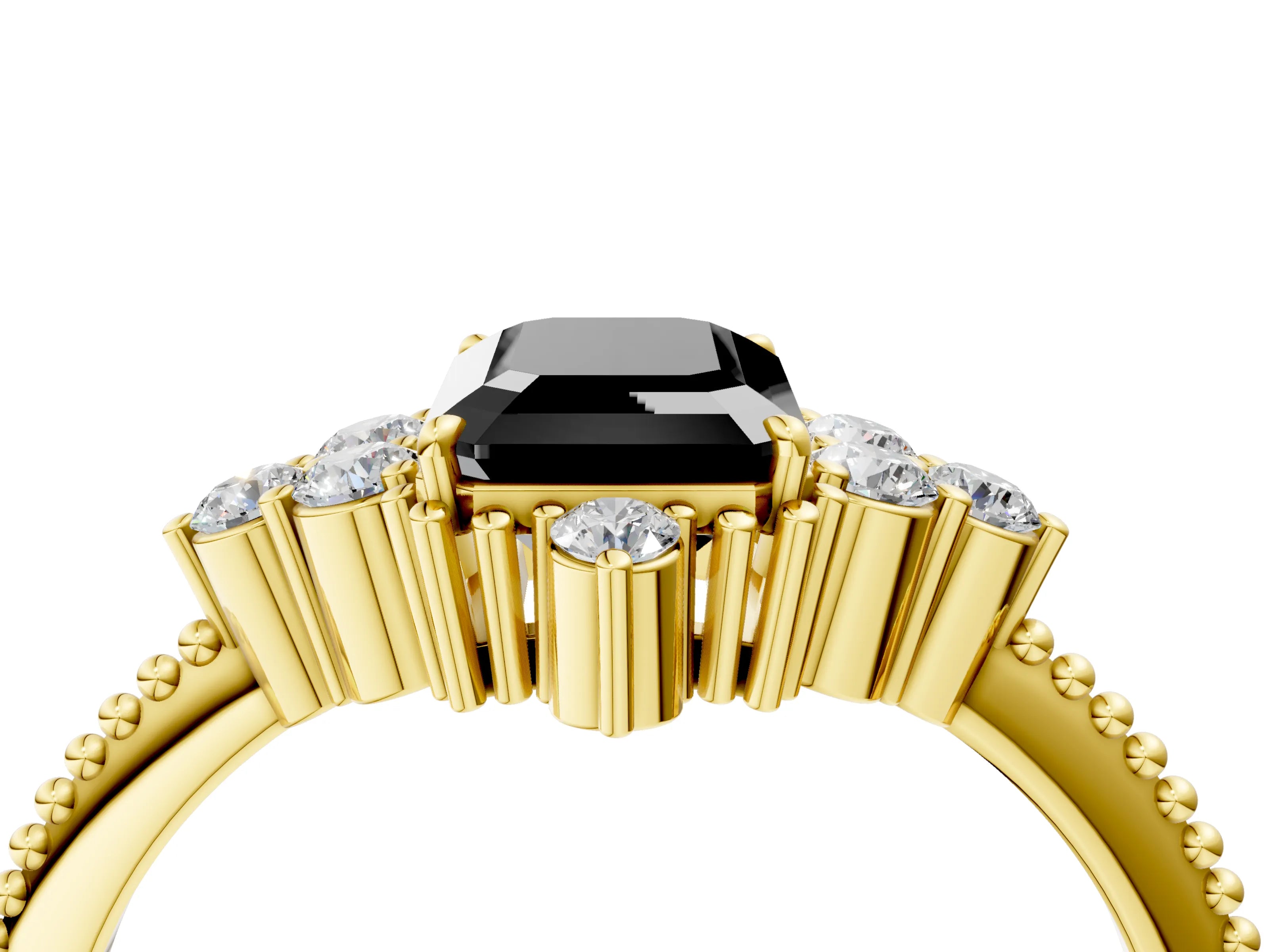 Yellow gold Fancy Black Emerald Cut Brilliant Diamond with Cluster Setting on a Beaded Band and Four-Prong Setting_4