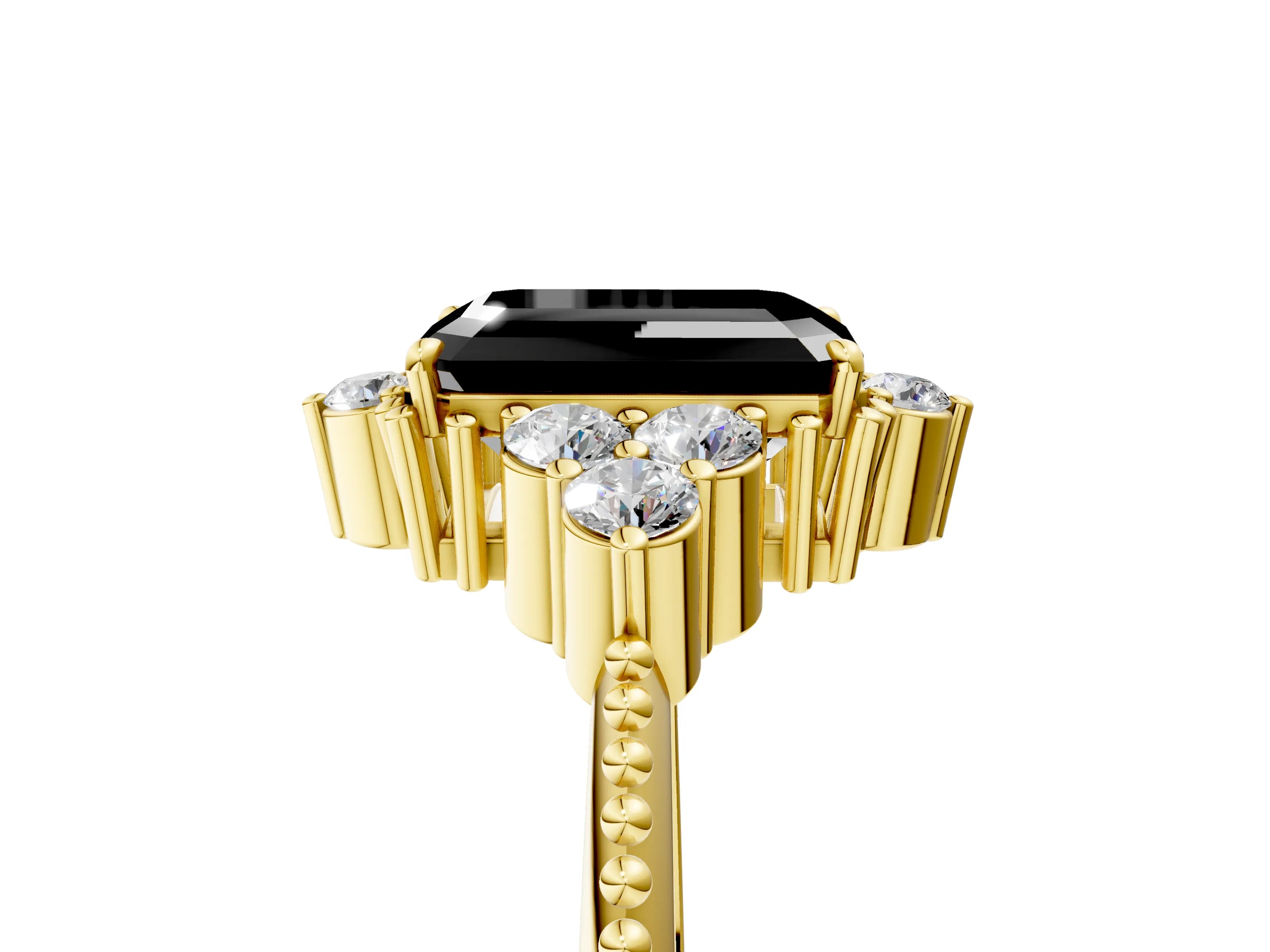 Yellow gold Fancy Black Emerald Cut Brilliant Diamond with Cluster Setting on a Beaded Band and Four-Prong Setting_5