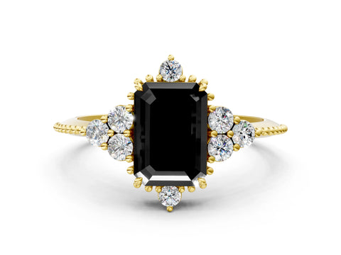 Yellow gold Fancy Black Emerald Cut Brilliant Diamond with Cluster Setting on a Beaded Band and Four-Prong Setting