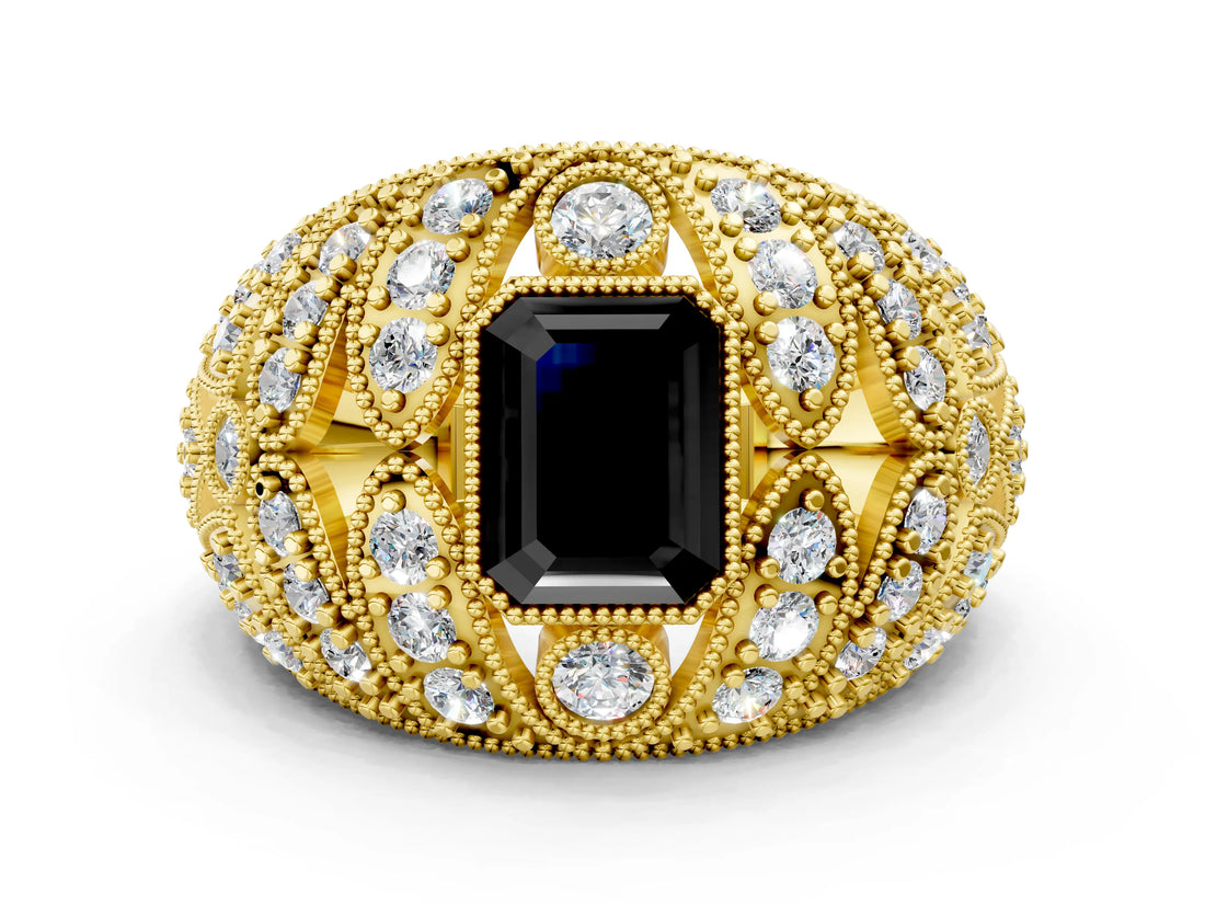 Yellow gold Fancy Black Emerald Cut Brilliant Halo Pave Diamond Milgrain Ring