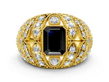 Yellow gold Fancy Black Emerald Cut Brilliant Halo Pave Diamond Milgrain Ring