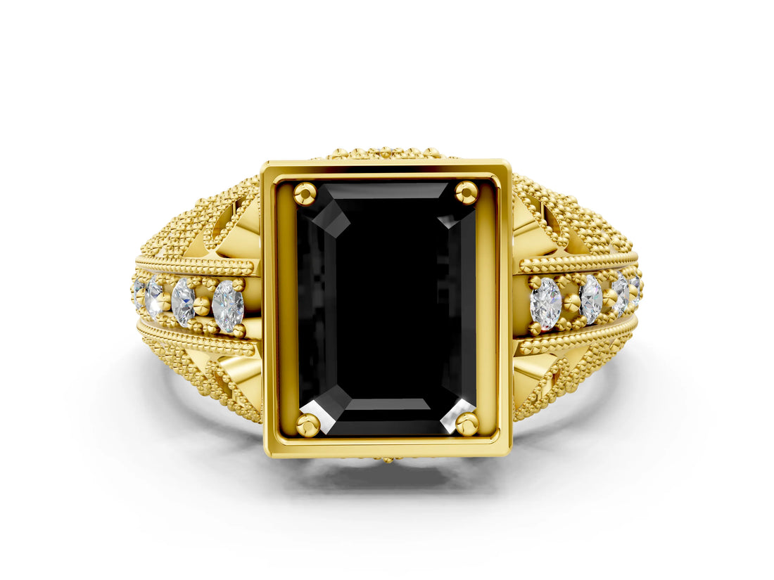 Yellow gold Fancy Black Emerald Cut Brilliant Milgrain Filigree Diamond Ring with Square Prong Setting