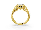 Yellow gold Fancy Black Emerald Cut Brilliant Milgrain Filigree Diamond Ring with Square Prong Setting_3