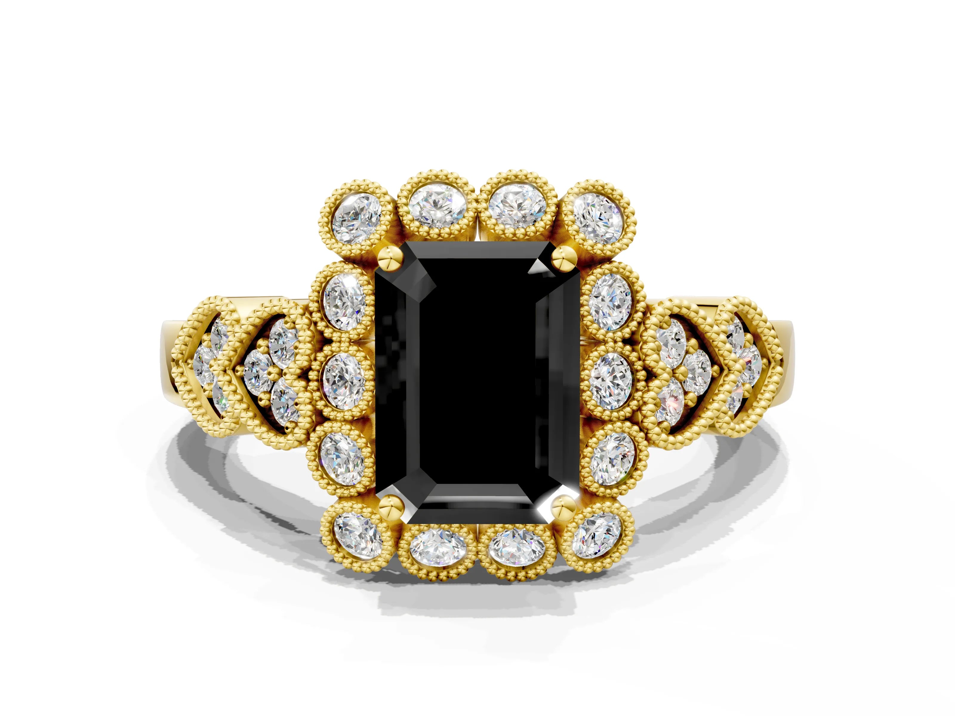 Yellow gold Fancy Black Emerald Cut Brilliant Milgrain Pave Heart Band Solitaire Ring