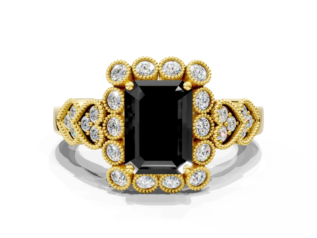 Yellow gold Fancy Black Emerald Cut Brilliant Milgrain Pave Heart Band Solitaire Ring