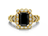 Yellow gold Fancy Black Emerald Cut Brilliant Milgrain Pave Heart Band Solitaire Ring
