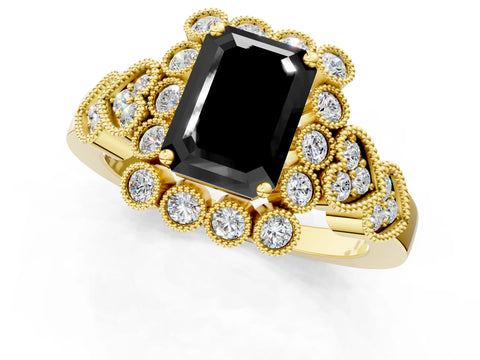 Yellow gold Fancy Black Emerald Cut Brilliant Milgrain Pave Heart Band Solitaire Ring_1