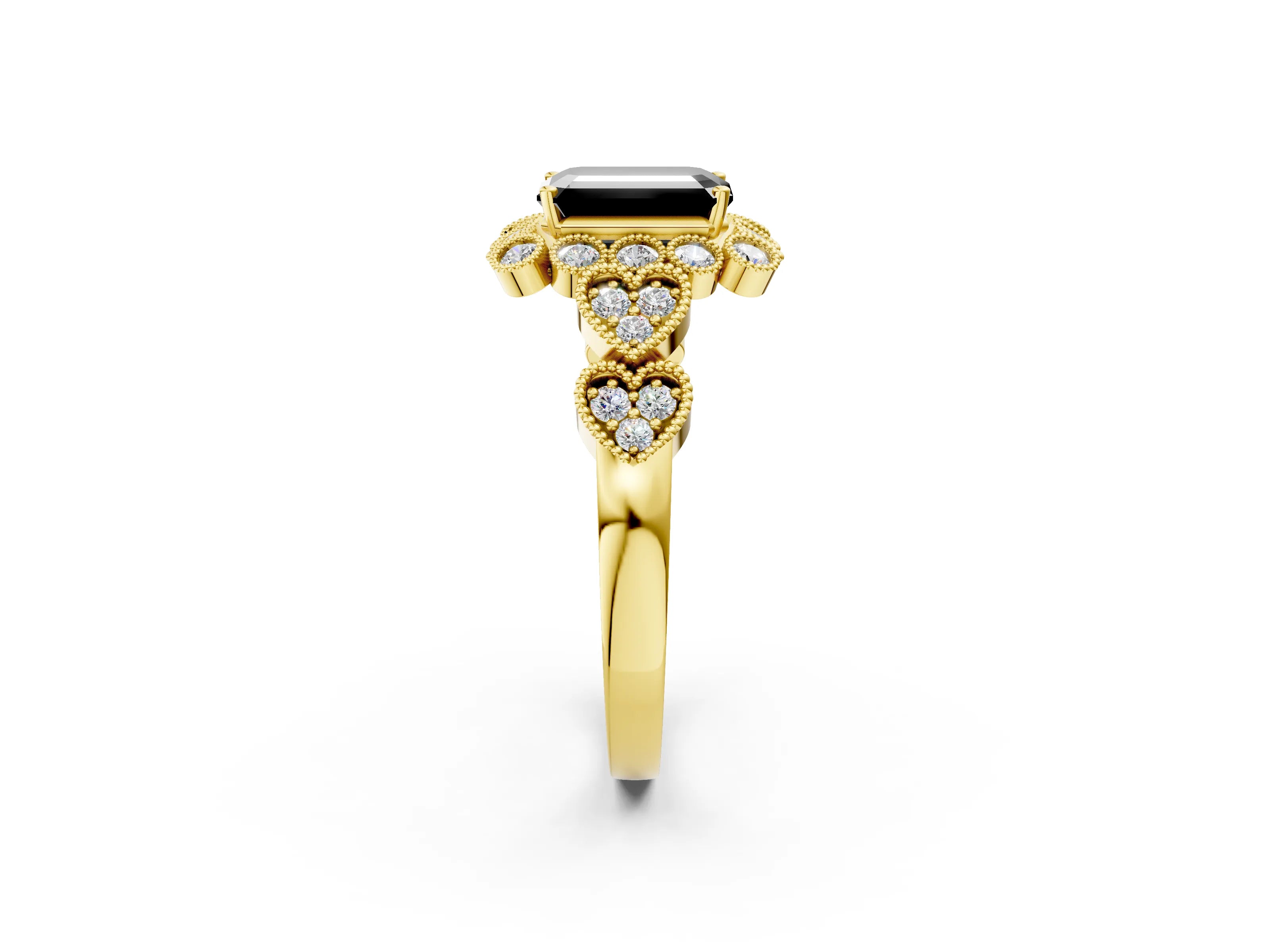 Yellow gold Fancy Black Emerald Cut Brilliant Milgrain Pave Heart Band Solitaire Ring_2