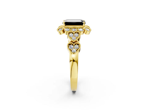 Yellow gold Fancy Black Emerald Cut Brilliant Milgrain Pave Heart Band Solitaire Ring_2