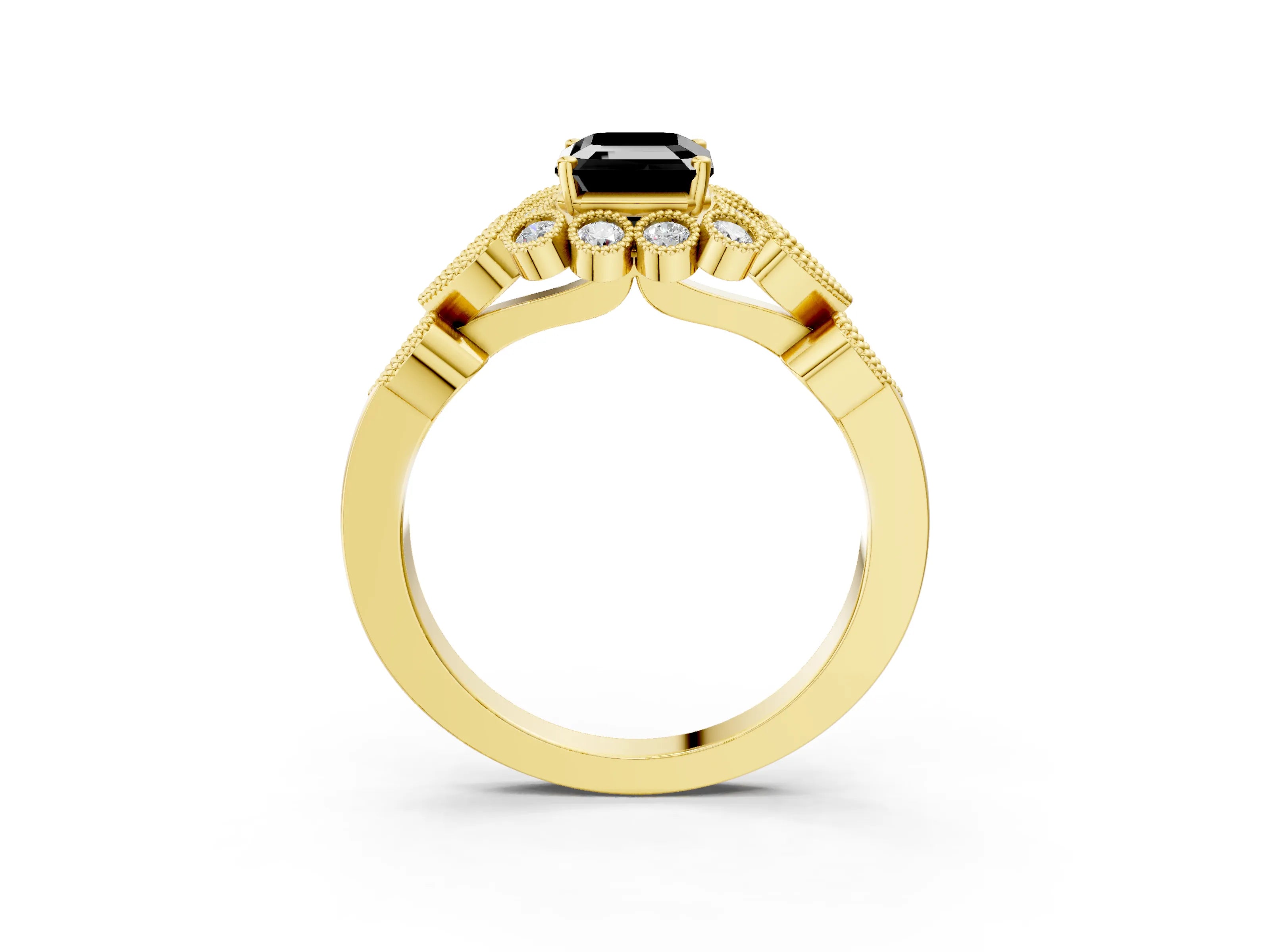 Yellow gold Fancy Black Emerald Cut Brilliant Milgrain Pave Heart Band Solitaire Ring_3