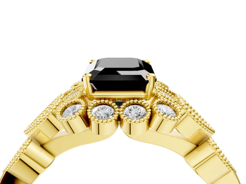 Yellow gold Fancy Black Emerald Cut Brilliant Milgrain Pave Heart Band Solitaire Ring_4