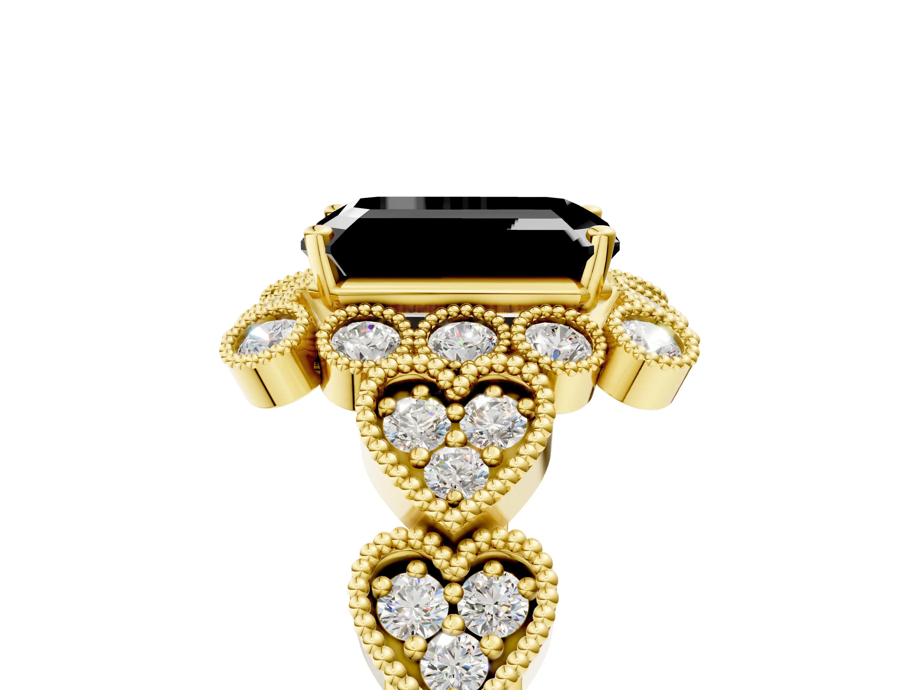 Yellow gold Fancy Black Emerald Cut Brilliant Milgrain Pave Heart Band Solitaire Ring_5
