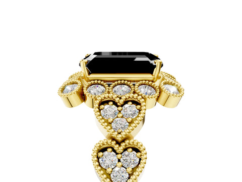 Yellow gold Fancy Black Emerald Cut Brilliant Milgrain Pave Heart Band Solitaire Ring_5