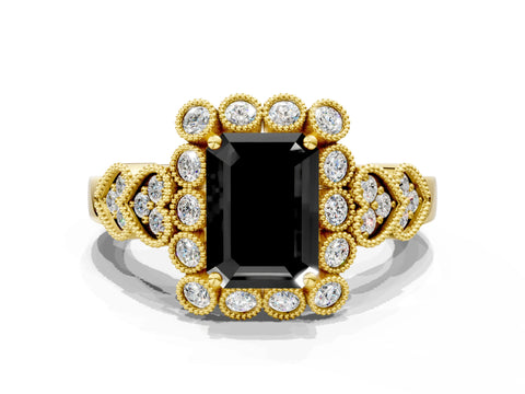 Yellow gold Fancy Black Emerald Cut Brilliant Milgrain Pave Heart Band Solitaire Ring