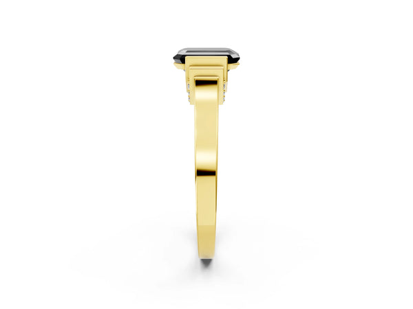 Yellow gold Fancy Black Emerald Cut Brilliant Solitaire Diamond Ring with Channel Set Band and Bar Prong Setting