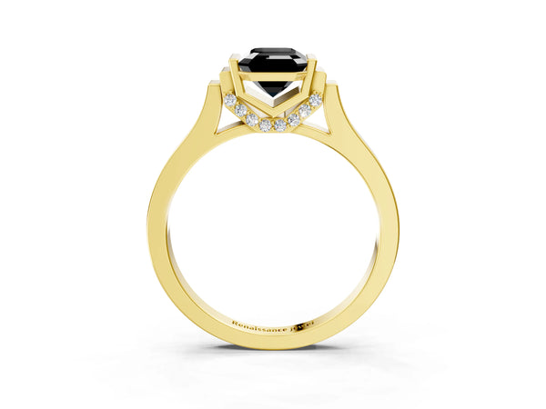 Yellow gold Fancy Black Emerald Cut Brilliant Solitaire Diamond Ring with Channel Set Band and Bar Prong Setting