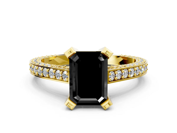 Yellow gold Fancy Black Emerald Cut Brilliant Split Shank Pave Solitaire Ring with Four-Prong Setting