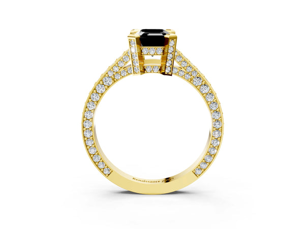 Yellow gold Fancy Black Emerald Cut Brilliant Split Shank Pave Solitaire Ring with Four-Prong Setting