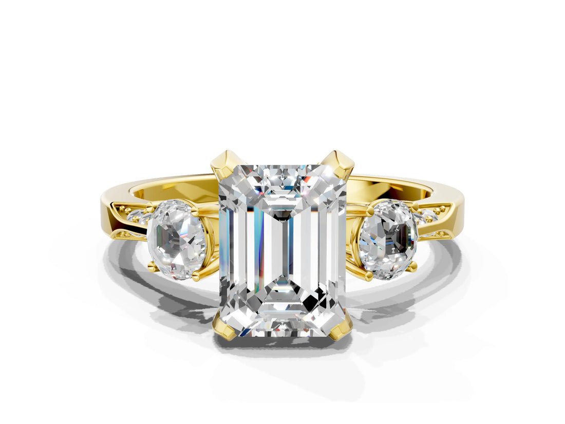 Yellow gold Fancy Black Emerald Cut Brilliant Three-Stone Diamond Ring with Pavé Band and Four-Prong Setting_3