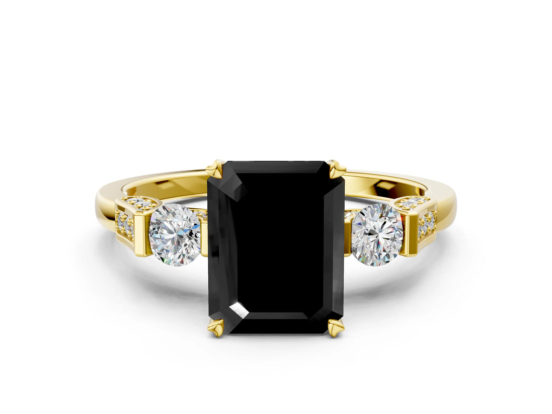 Yellow gold Fancy Black Emerald Cut Brilliant Three-Stone Pave Band with Four-Prong Setting