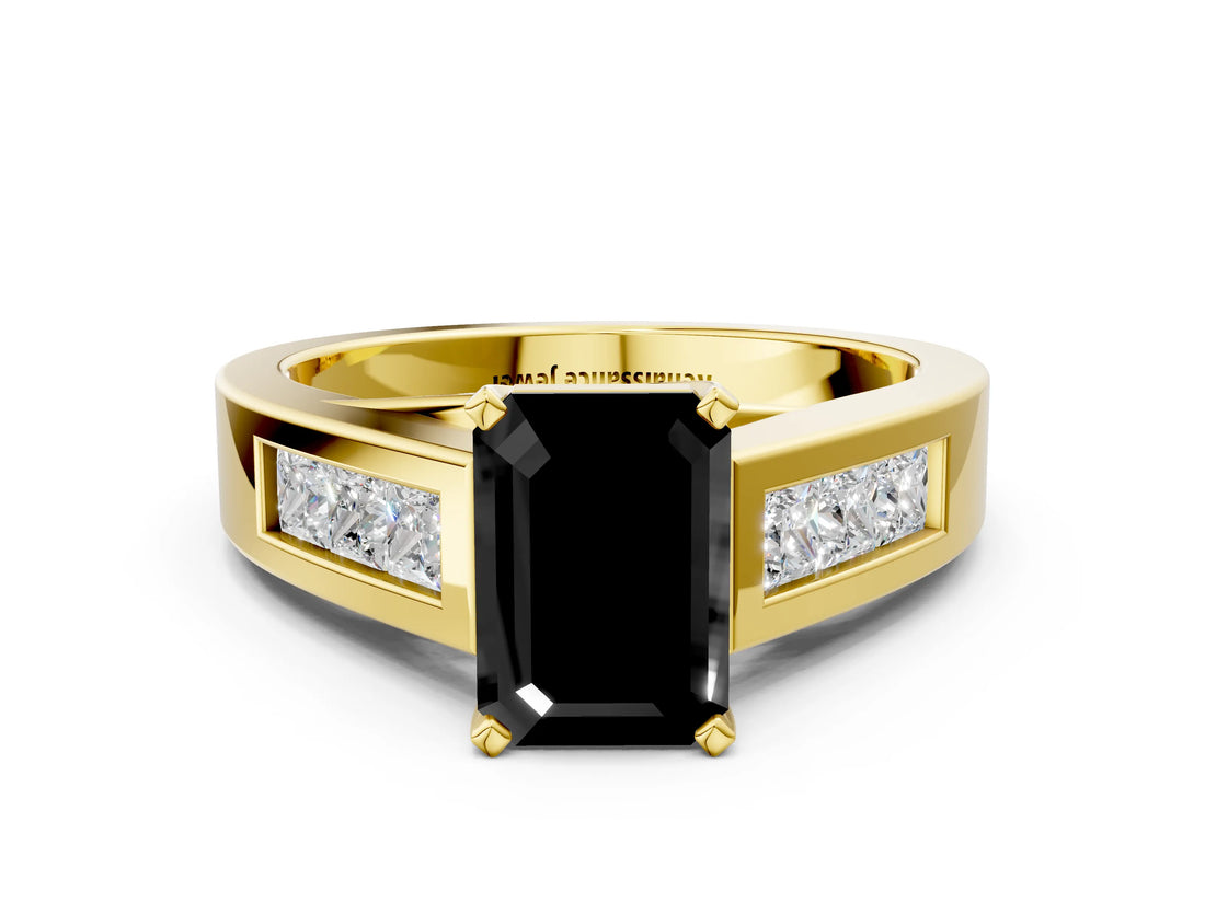 Yellow gold Fancy Black Emerald Cut Cut Channel Set Solitaire Ring with Four-Prong Setting