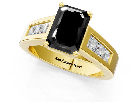 Yellow gold Fancy Black Emerald Cut Cut Channel Set Solitaire Ring with Four-Prong Setting_1
