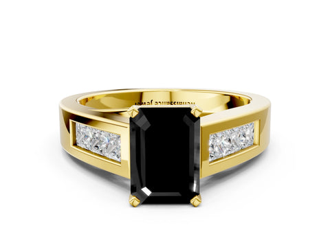 Yellow gold Fancy Black Emerald Cut Cut Channel Set Solitaire Ring with Four-Prong Setting