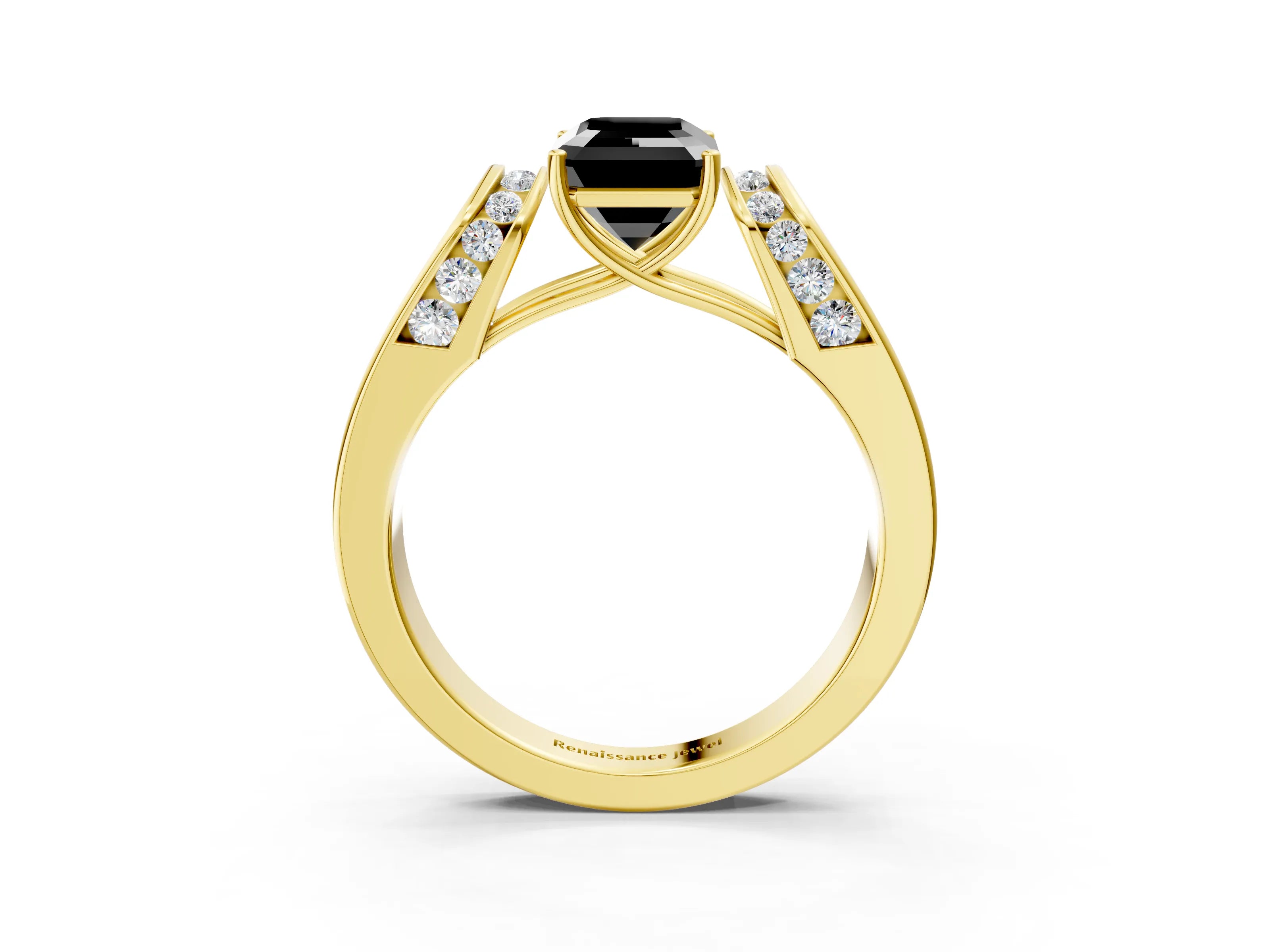 Yellow gold Fancy Black Emerald Cut Cut Diamond Channel Set Solitaire Ring with Four-Prong Setting_3