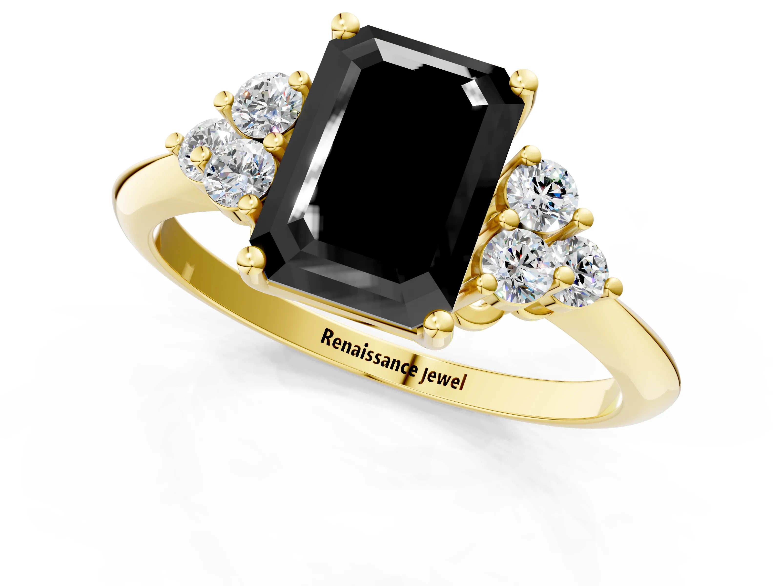 Yellow gold Fancy Black Emerald Cut Cut Diamond Cluster Ring with Solitaire Band and Four-Prong Setting_13