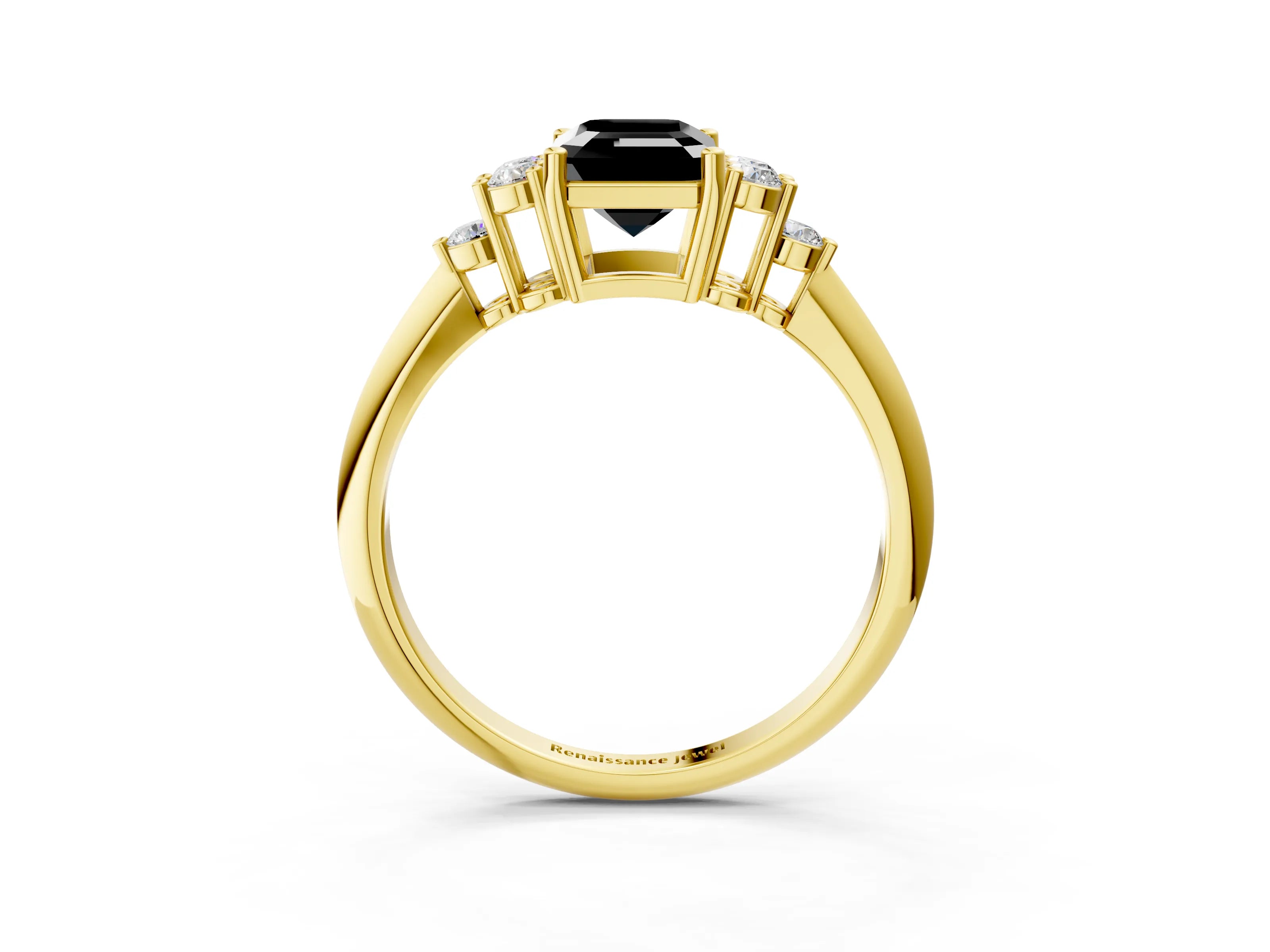 Yellow gold Fancy Black Emerald Cut Cut Diamond Cluster Ring with Solitaire Band and Four-Prong Setting_15