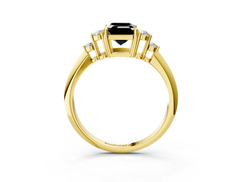 Yellow gold Fancy Black Emerald Cut Cut Diamond Cluster Ring with Solitaire Band and Four-Prong Setting_15