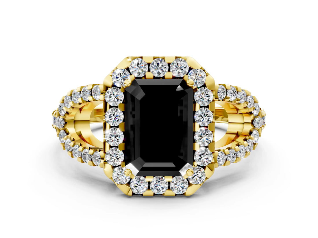 Yellow gold Fancy Black Emerald Cut Cut Diamond Halo Engagement Ring with Open Split Pavé Band