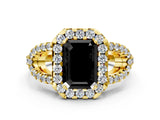 Yellow gold Fancy Black Emerald Cut Cut Diamond Halo Engagement Ring with Open Split Pavé Band