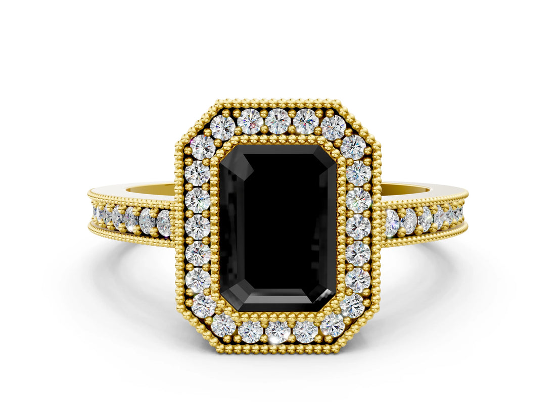 Yellow gold Fancy Black Emerald Cut-Cut Diamond Halo Engagement Ring with Pave Band and Prong Setting