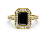 Yellow gold Fancy Black Emerald Cut-Cut Diamond Halo Engagement Ring with Pave Band and Prong Setting