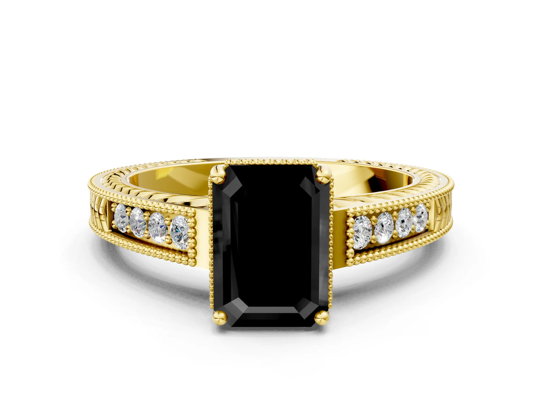 Yellow gold Fancy Black Emerald Cut Cut Diamond Milgrain Pave Band Four-Prong Setting Ring_3