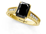 Yellow gold Fancy Black Emerald Cut Cut Diamond Milgrain Pave Band Four-Prong Setting Ring_4