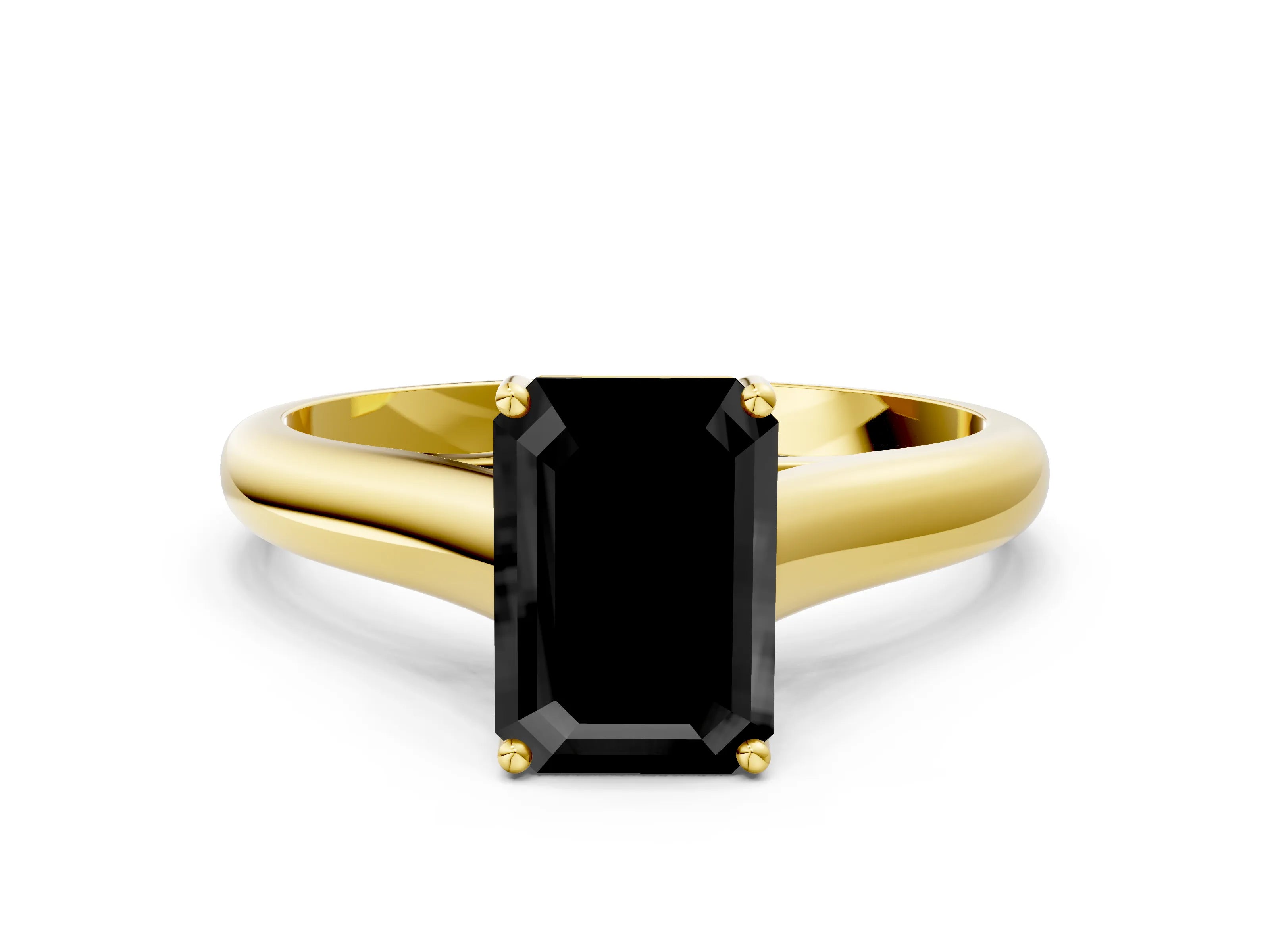 Yellow gold Fancy Black Emerald Cut Cut Diamond Solitaire Engagement Ring with Tapered Plain Band and Four-Prong Setting