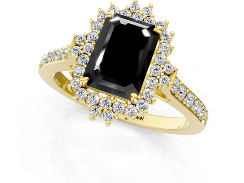 Yellow gold Fancy Black Emerald Cut Cut Diamond Sunburst Halo Engagement Ring with Pavé Band_1